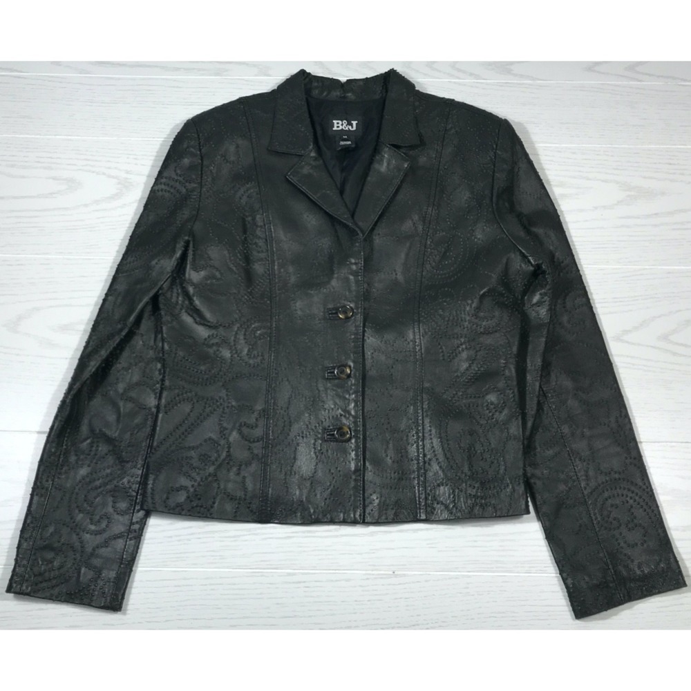 Womens Floral Embossed Black Leather Jacket M B&J Button Up Lined Goth Biker